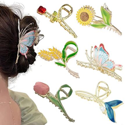 Butterfly Flower Metal Hair Claw Clips 6 Pcs Cute Large Butterfly Hair Claw NonSlip Clips Barrettes Strong Hold Hair Clamps Fashion Accessories for Woman Girls with Long Thick Thin Curly Hair