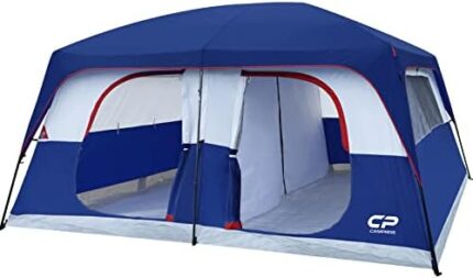 CAMPROS CP Tent 9/12 Person Camping Tents, 2 Room Weather Resistant Family Cabin Tent, 6 Large Mesh Windows, Double Layer, Divided Curtain for Separated Room, Portable with Carry Bag