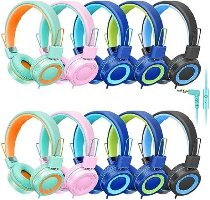 CN-Outlet 10 Pack Classroom Headphones Bulk for K-12 School Kids, Class Set Headphones for Students Teens Library Computer Testing Centers (Mixed Color with Microphone)