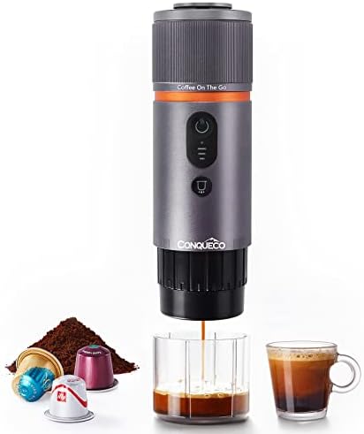 CONQUECO Portable Coffee Machine Travel - 12v Car Espresso Maker with Battery for Camping - Small Electric - 3 Mins Heating - Rechargeable USB Charging (Silvery)