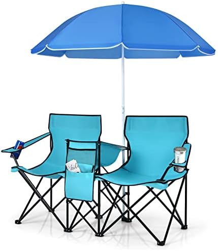 COSTWAY Double Portable Picnic, Folding w/Detachable Umbrella, Cooler Bag, Cup Holders, Patio Beach Chairs for Outdoors Camping Furniture, Turquoise
