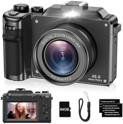 Camera for Photography, 4K Digital Camera Anti-Shake 48MP Compact Video Camera with 18X Digital Zoom, Travel Autofocus WiFi Vlogging Camera Point and Shoot Camera with 64GB TF Card, 2 Batteries