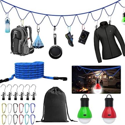 Camping Accessories Campsite Storage Strap, with 2 LED Camping Lights, 16ft Adjustable Tent Camping Lanyard Rope Clothesline, for Outdoor Hammock Hanging Camping Gear and Equipment, Tent Accessories