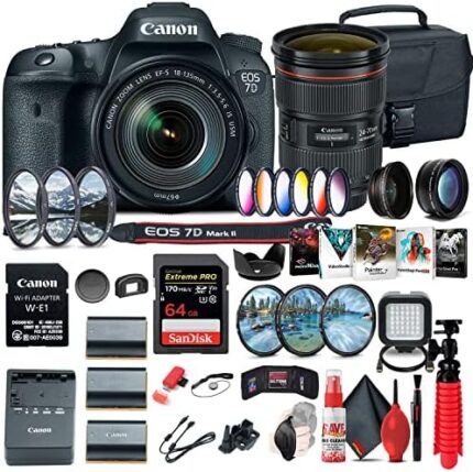 Canon EOS 7D Mark II DSLR Camera with 18-135mm f/3.5-5.6 is USM Lens & W-E1 Wi-Fi Adapter (9128B135) + Canon EF 24-70mm Lens + 64GB Memory Card + Color Filter Kit + Case + More (Renewed)