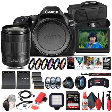 Canon EOS 80D DSLR Camera with 18-135mm Lens (1263C006), 64GB Memory Card, Case, Corel Photo Software, 2 x LPE6 Battery, Charger, Card Reader, LED Light, Filter Kit + More (Renewed)