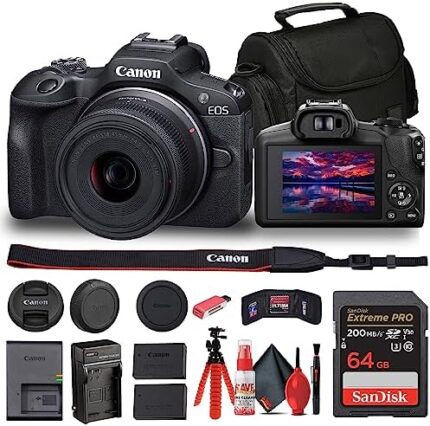Canon EOS R100 Mirrorless Camera with 18-45mm Lens (6052C012) + Bag + 64GB Card + LPE17 Battery + Charger + Card Reader + Flex Tripod + Cleaning Kit + Memory Wallet (Renewed)