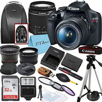 Canon EOS Rebel T7 Digital SLR Camera with EF-S 18-55mm Zoom Lens + SanDisk 32GB Memory Card + Tripod + Case + Wideangle Lenses + ZeeTech Accessory Bundle (20pc Bundle) (Renewed)