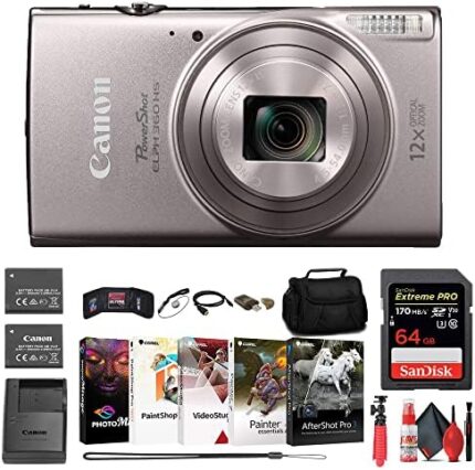 Canon Power-Shot ELPH 360 HS Digital Camera (Silver) (1078C001) + 64GB Memory Card + NB11L Battery + Case + Charger + Card Reader + Corel Photo Software + Flex Tripod + More (14 Items) (Renewed)