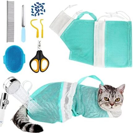 Cat Bag for Bathing 8 PCS Set with Cat Shower Net Bag Adjustable Pet Grooming Brush Nail Clipper Nail File Hair Combs Tick Tool Nail Caps, Nail Trimming Bath Cleaning Supplies Kit for Cats & Dogs