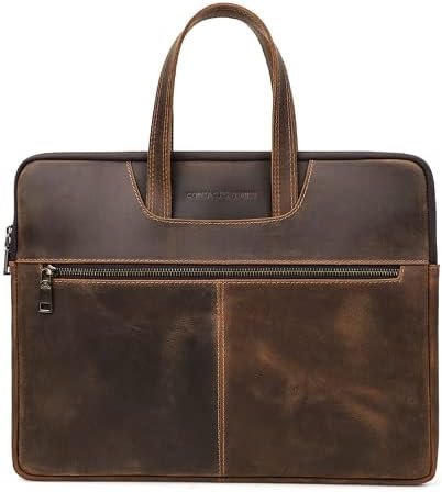 CataPurus Top Grain Leather 15.4" Slim Laptop Briefcase Handbag, Vintage Design with 5 Pockets, Handmade, Compatible with MacBook Pro/Air 13.3"/14.2"/15.4"/16" & Other Laptop/Tablet, Coffee 15.4 Inch