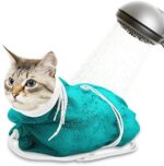 Catcan Cat Bathing Bag, Breathable Mesh Cat Shower Bag Anti Scratch Adjustable Cat Grooming Bag for Nail Trimming, Bathing Polyester Soft Cat Washing Bag (White-Green)