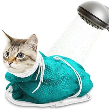Catcan Cat Bathing Bag, Breathable Mesh Cat Shower Bag Anti Scratch Adjustable Cat Grooming Bag for Nail Trimming, Bathing Polyester Soft Cat Washing Bag (White-Green)