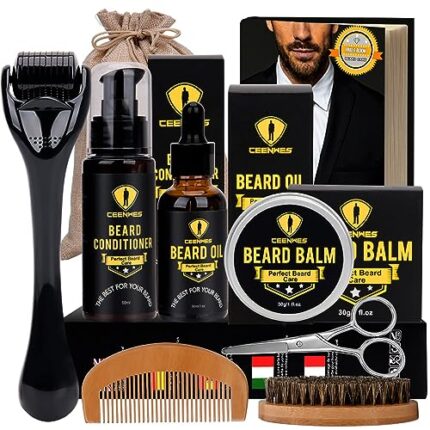 Ceenwes Upgraded Beard Grooming Kit with Beard Conditioner ,Beard Oil, Beard Brush, Beard Comb, Beard Balm, Beard & Mustache Scissors Storage Bag, Trimming Kit for Men Care Perfect Christmas Gifts