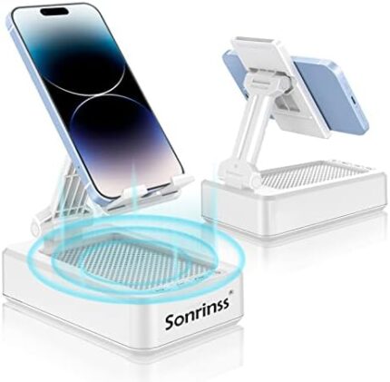 Cell Phone Stand with Wireless Bluetooth Speaker, Adjustable HD Surround Sound Cell Phone Speaker, Anti-Slip Phone Holder for Desk, Compatible with Any Smartphones