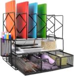 ChezMax Mesh Desk Organizer with Drawer & Pen Holder, Office Desk Organizers and Accessories, Desk File Organizer with 5 Upright File Holder, 2 Tier Tray Desktop Organizer for Home School (Black)
