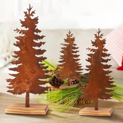 Christmas Decor - Christmas Decorations Indoor - Set of 3 Rusty Metal Evergreen Tree - Farmhouse Rustic Vintage Tabletop Tree - Room Home Holiday Xmas Decoration for Table Mantel Fireplace Shelf