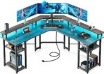 Coleshome L Shaped Gaming Desk with LED Lights & Power Outlets, Reversible 56" Computer Desk with Full Monitor Stand & Storage Shelves, Ergonomic Home Office Corner Desk, Gray Oak
