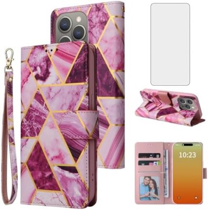 Compatible with iPhone 15 Pro 6.1 inch Wallet Case Tempered Glass Screen Protector Leather Flip Card Holder Kickstand Phone Cover for iPhone15Pro 5G i i-Phone i15 iPhone15 15Pro Women Men Purple