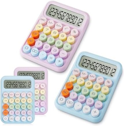 Copkim 2 Pcs Colorful Candy Colored Cute Calculator Electronic Standard Typewriter Calculator with 12 Bits Display and Round Mechanical Buttons for Office School Desktop Home Business Supplies