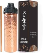 Copper Water Bottle for Drinking - Hammered Copper Bottle with Push Button Lid, Removable Sleeve & Copper Straw - Hiking Water Bottle for Men & Women - Handcrafted Gym Water Bottle by KaMojo, 32 fl oz