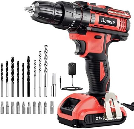 Cordless Drill Driver Set 21V, Bamse Power Drill Kit with 2.0AH Battery, Hammer Drill with 372 In-lbs Max, 25+3 Position, 2 Variable Speed, 3/8'' Keyless Chuck, Fast Charger and 23PCS Accessories