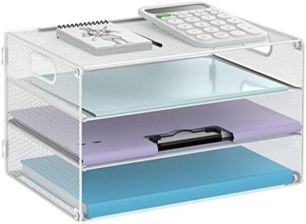 DALTACK 3 Tier Letter Tray Paper Organizer with Handle, Mesh Desk File Organizer, Paper Tray Desk Organizer for School Office Home, Metal Mesh, White