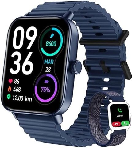 DATAFY Smart Watch for Men Women with Bluetooth Call, Fitness Trackers Watch with Heart Rate Sleep Monitor, Alexa Built-in 1.8" DIY Dial 100 Sports Modes IP68 Waterproof Smartwatch for iOS (Blue)