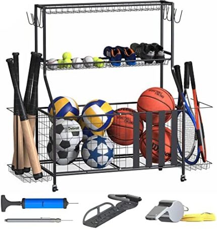 DEBRALL Sport Equipment Storage – Ball and Accessories Rolling Organizer, Storage Cart with Hooks and Baskets, for Indoors and Outdoors, Bicycle Rack
