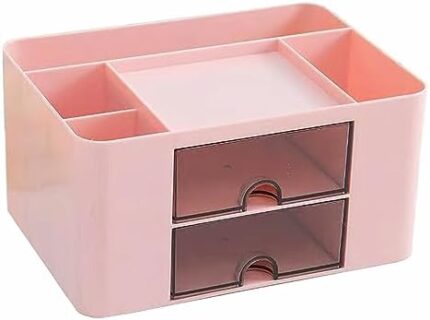 Desk Organizer Storage with 2 Drawers, Makeup Organizer Plastic Desktop Pen Pencil Holder Storage Box Great for Vanity Table Office School Home Stationery Supplies Organizers and Accessories, Pink