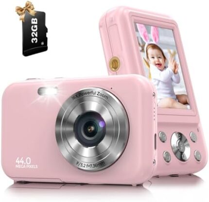 Digital Camera, FHD 1080P 44MP Kids Digital Camera for Photography with 32GB Card, 16X Zoom Point and Shoot Camera with Fill Light, Anti-Shake Compact Vlogging Camera for Teens Boys Girls (Pink)