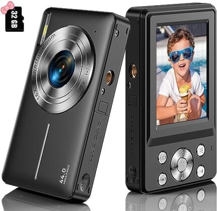 Digital Camera, Kids Camera FHD 1080P 44MP Small Digital Camera with 32GB SD Card Vlogging Camera 16X Digital Zoom, Point and Shoot Digital Camera Gift for Kids Boys Girls Teens Students - Black