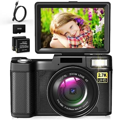 Digital Camera for Photography FHD 2.7K 30MP Vlogging Camera for YouTube, Point and Shoot Cameras with 3 Inch 180 Degree Flip Screen, 32GB TF Card Portable Small Camera for Teens Kids Seniors