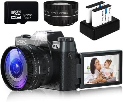 Digital Cameras for Photography, 4K 48MP Vlogging Camera 16X Digital Zoom Manual Focus Rechargeable Students Compact WiFi Camera with 52mm Wide-Angle Lens & Macro Lens, 32G Micro Card and 2 Batteries