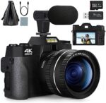 Digital Cameras for Photography, 4K 48MP Vlogging Camera for YouTube, 16X Digital Zoom Auto Focus, Rechargeable Student Compact Video Camera with Wide-Angle & Macro Lens, 32G TF Card & 2 Batteries…
