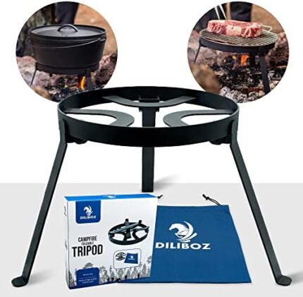 Diliboz Campfire Tripod/Stand for Dutch Oven 2.0 - Camping Open Fire Tripod Grill for Cooking in Cast Iron - Legs Lock in Place