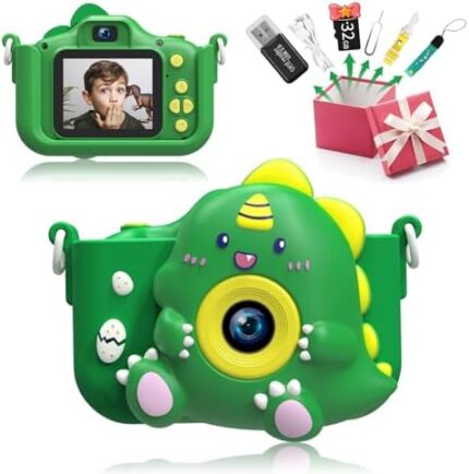 Dinosaur Kids Camera HOMHOW Camera for Kids Boys Girls Children,Selfie Toddler Camera Christmas Birthday Gift Age 3 4 5 6 7 8 9 Year,2inch IPS Screen Dinosaur Toy Camera with 32GB SD Card Green