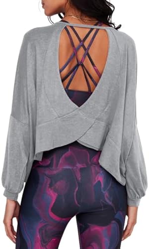 Dokotoo Lantern Sleeve Athletic Soft Top for Women 2023 Fall Gym Workout Back Hollowed Out Yoga Shirts