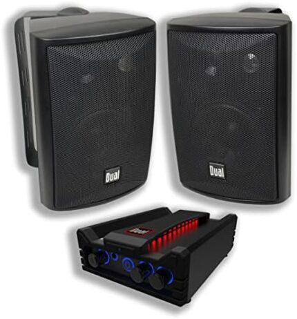 Dual Electronics LU43PB 3-Way High Performance Outdoor Indoor Speakers with Powerful Bass & Dual Electronics DBTMA100 Micro Wireless Bluetooth 2 Channel Stereo Class-D Amplifier