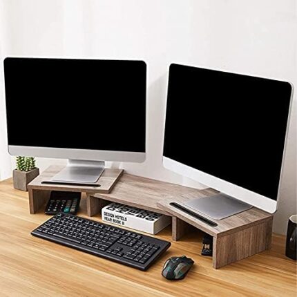Dual Monitor Stand, Monitor Stands for 2 Monitors, Monitor Stand Riser for PC, Computer, Laptop - Computer Monitor Stand with Adjustable Length and Angle, Desktop Organizer with 2 Slots