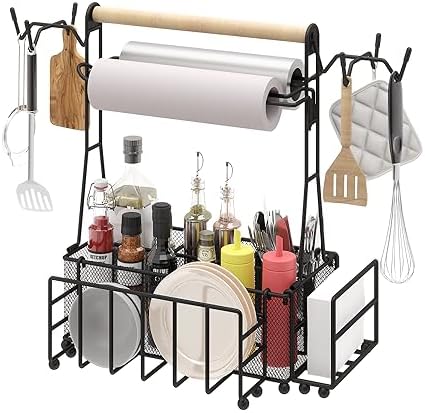 EAROND Silverware Caddy,Grill Utensil Caddy with Paper Towel Holder and Plate Holder,Metal Picnic Condiment Caddy for Kitchen,Patio,Barbecue,Camping,RV,Tailgating Party- Black