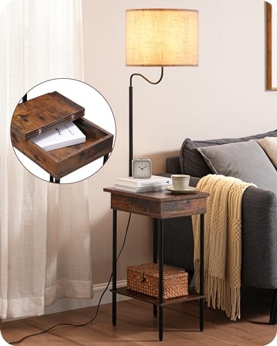 EDISHINE Floor Lamp with Table, Side Nightstand Lamp with 1 Drawer and 1 Shelf, Bedside Reading Light with Storage Shelves, Rustic End Table with Linen Shade for Living Room Bedroom, Den