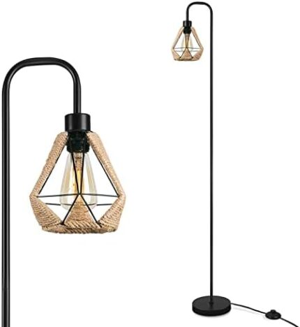 EE Eleven Master Industrial Floor Lamp with Plug in, E26 Hemp Rope Cage Tall Lamp Standing Lights for Living Room Bright Lighting, Black Reading Lighting with Foot Switch for Study Room Office Bedroom