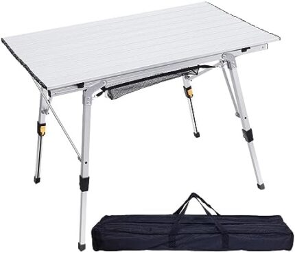 ERYTLLY Outdoor Folding Camping Table, Portable Picnic Table with Adjustable Legs, Lightweight Aluminum Beach Table with Roll Up Table Top and Mesh Layer, for Backyards, BBQ and Party
