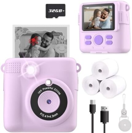 ESOXOFFORE Instant Print Camera for Kids, Christmas Birthday Gifts for Girls Boys Age 3-12, HD Digital Video Cameras for Toddler, Portable Toy for 4 5 6 7 8 9 10 Year Old Girl with 32GB SD Card-Purple