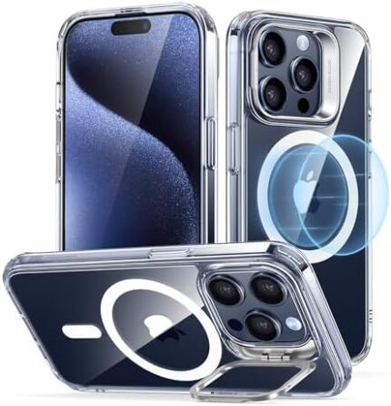 ESR for iPhone 15 Pro Case, Compatible with MagSafe, Military-Grade Protective Case, Built-in Stash Stand Phone Case, Scratch-Resistant Back Cover, Classic Series, Clear