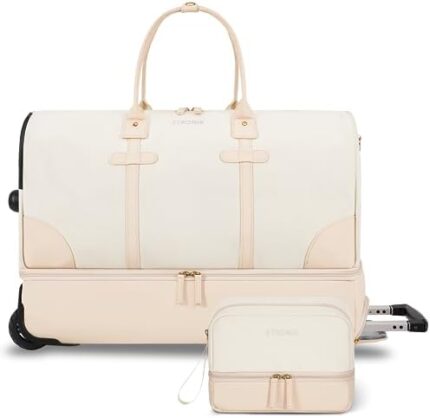 ETRONIK Rolling Duffle Bag with Wheels, 21 Inch Carry on Bag for Airplanes with Shoes Compartment, Canvas Weekender Overnight Bag for Women with Toiletry Bag, Beige