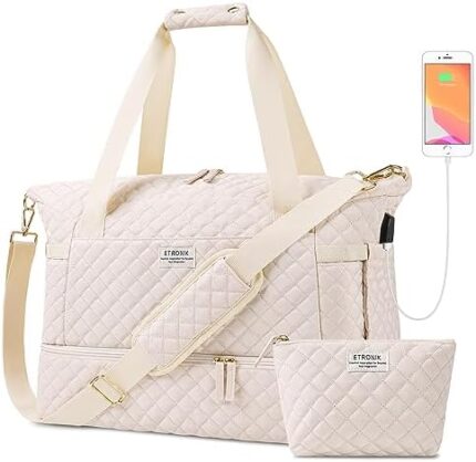 ETRONIK Travel Bag for Women, Gym Duffel Bag with USB Charging Port, Weekender Overnight Bag with Wet Pocket and Shoes Compartment for Women Travel Gym Daily Use (Beige)
