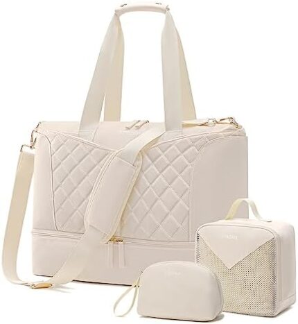 ETRONIK Weekender Bag for Women, Gym Bag 3 Pcs Set with USB Charging Port, Travel Duffle Bag with Shoe Compartment, Carry on Bag Overnight Bag for Women Travel Gym, Beige Medium