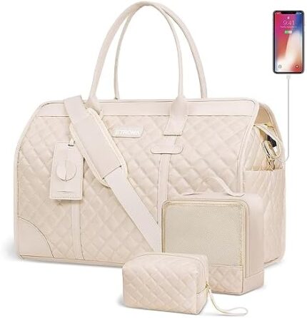 ETRONIK Weekender Bags for Women, Overnight Bag with Wet Pocket & Shoe Bag & Toiletry Bag, Carry on Travel Duffel Bags for Gym Hospital Gift Daily Use, 5 Pcs Set, Beige