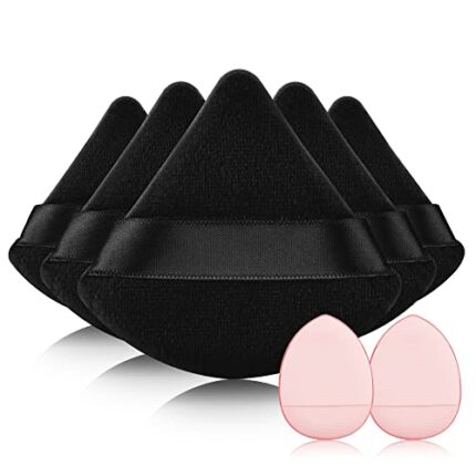 EVAOUXIU 6 Pieces Triangle Powder Puffs & 2 Pieces Makeup Sponges with a Travel Case, Individually Wrapped Velour Cotton Makeup Puff for Loose Powder Body Powder (Black)